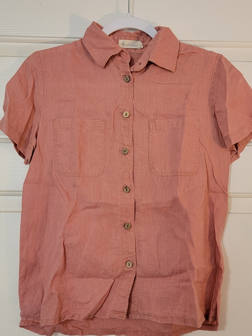 Women's Peach Colored  Linen Button Up Short Sleeve Blouse